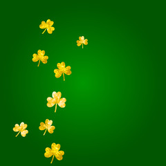 Saint patricks day background with shamrock. Lucky trefoil confetti. Glitter frame of clover leaves. Template for special business offer, banner, flyer. Festal saint patricks day backdrop.
