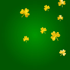 St patricks day background with shamrock. Lucky trefoil confetti. Glitter frame of clover leaves. Template for party invite, retail offer and ad. Holiday st patricks day backdrop.