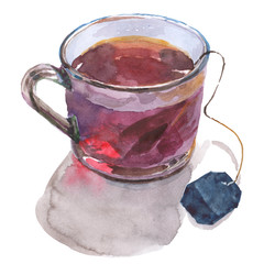 Watercolor drawing of a transparent cup with tea bag and brewed tea