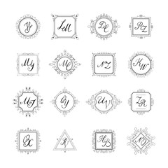 Set luxury monogram logo template with flourishes ornament elements. Elegant design for business sign, restaurant, wedding shop, jewelry, fashion. Vector illustration.