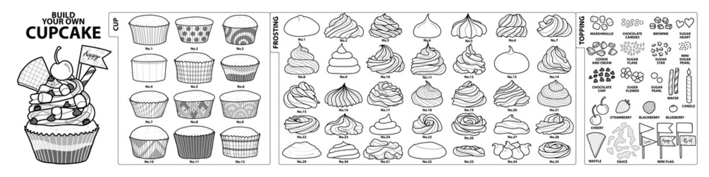 Set of isolated cups, frosting and toppings for build your own cupcake. Cute hand drawn style in black outline and white plane.