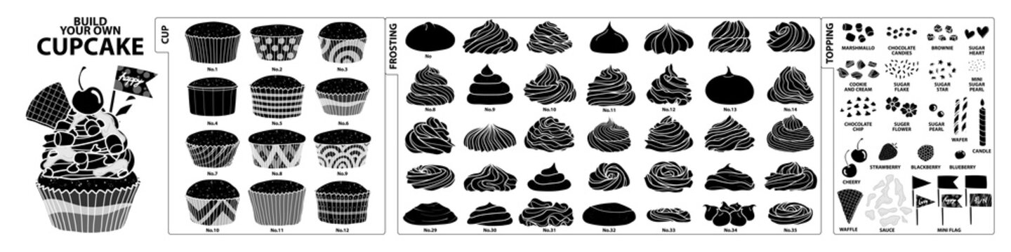 Set of isolated silhouette cups, frosting and toppings for build your own cupcake. Cute hand drawn style in black plane and white outline.