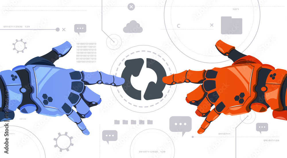 Poster two robotic hands touch updating button on digital screen abstract modern technology background flat