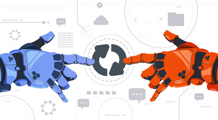 Two Robotic Hands Touch Updating Button On Digital Screen Abstract Modern Technology Background Flat Vector Illustration