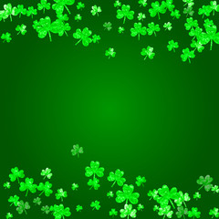 Saint patricks day background with shamrock. Lucky trefoil confetti. Glitter frame of clover leaves. Template for gift coupons, vouchers, ads, events. Festive saint patricks day backdrop.