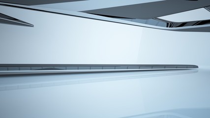 Abstract dynamic interior with black smooth objects. 3D illustration and rendering