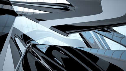 Abstract dynamic interior with black smooth objects. 3D illustration and rendering
