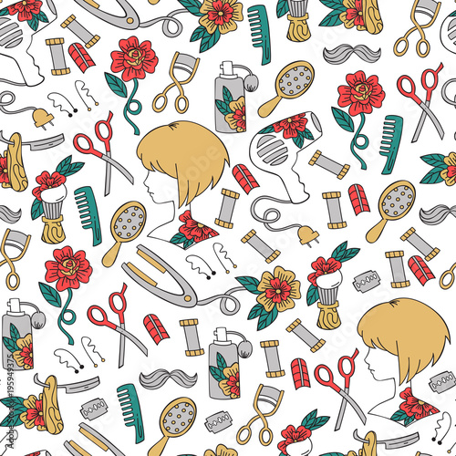 “Seamless Background with Hairdressers Accessories. Vector Pattern