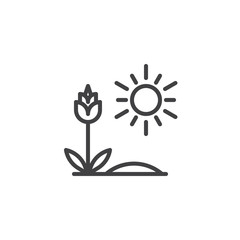 Growing flower and sun outline icon. linear style sign for mobile concept and web design. Springtime simple line vector icon. Symbol, logo illustration. Pixel perfect vector graphics