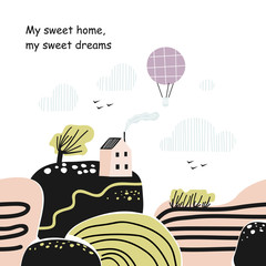 Scandinavian landscape. A lonely little house on a hill. Flight in a hot air balloon. Bright childish landscape.