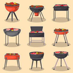 Different types barbecue grills isolated set. Charcoal kettle grills with assorted delicious grilled meat and vegetables vector illustration. BBQ party, traditional cooking food, restaurant menu icons - obrazy, fototapety, plakaty