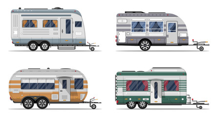 Side view camping trailers isolated on white background. Car RV trailer caravan, motorhome, mobile home for country or nature vacation and activity. Recreational vehicles vans vector illustration.