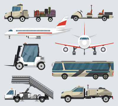 Passenger airport ground technics set. Tow truck, fright forklift, passenger ladder, modern bus, baggage cart, fuel tanker vector illustration. Aviation terminal logistics and infrastructure elements.