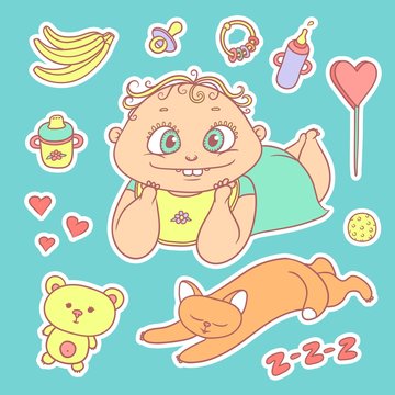 Vector set color sketch illustrations stickers joyful child and sleeping kitten. Baby bottle with water or milk, other food, hearts and sweets. Flat chubby funny curly kid with big eyes and red cat