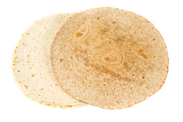 Fototapeta na wymiar plain and wholegrain wheat tortillas isolated on white