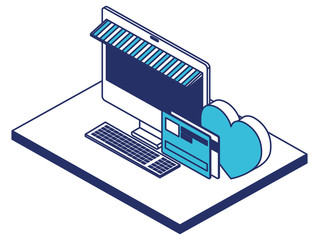 computer desktop with heart and credit card isometric icon vector illustration design