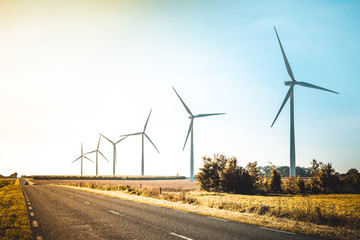 Rural landscape with working wind turbine