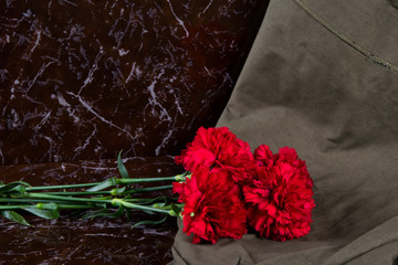 4 carnations with a military cloth, on the background of a memorial plate