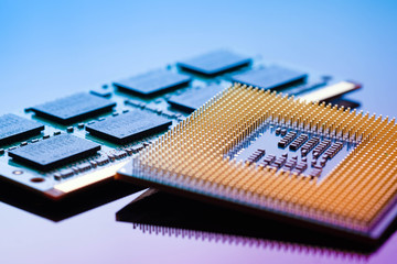 technology cyber electronic concept. cpu ram computer on blue light background