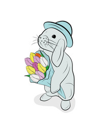 rabbit with a bouquet of flowers, tulips. the concept of spring and the Easter holiday. vector illustration.