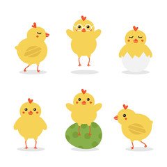 Cute cartoon easter baby chicken characters doing different activities, walking, jumping, sitting on painted easter egg and in an egg shell.
