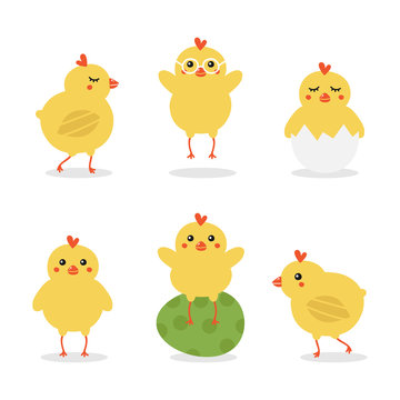 Cute cartoon easter baby chicken characters doing different activities, walking, jumping, sitting on painted easter egg and in an egg shell.
