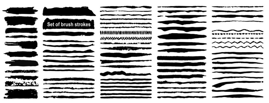  Vector large set of 80 grunge ink brush strokes. Black artistic paint, hand drawn. Dry Brush Stroke elements collection isolated on white background. 