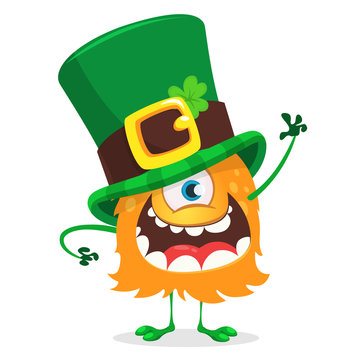 St. Patrick's day. Cartoon one eyed monster wearing irish hat with a four leaf clover isolated on white background. Vector illustration
