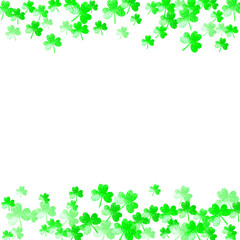 Saint patricks day background with shamrock. Lucky trefoil confetti. Glitter frame of clover leaves. Template for flyer, special business offer, promo. Celtic saint patricks day backdrop.