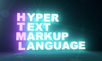 Acronym HTML - Hyper Text Markup Language. Internet conceptual image. 3D rendering. Neon bulb illumination