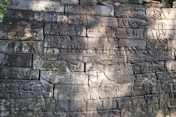 Banteay Chhmar Cambodia, temple wall with bas relief carvings