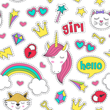 seamless pattern with stickers for girl - vector illustration, eps