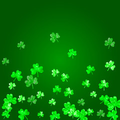 Clover background for Saint Patricks Day. Lucky trefoil confetti. Glitter frame of shamrock leaves. Template for party invite, retail offer and ad. Happy clover background.