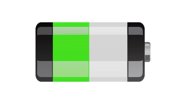 Batteriezelle wird geladen. Ladevorgang mit Farbwechsel vor weissem Hintergurnd in 4K