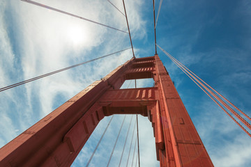 Golden Gate Bridge, A closeup perspective of the North tower of bridge support on a sunny day in San Francisco, California.