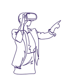 Woman Sketch Wearing 3d Glasses Virtual Reality Headset Doodle Female In Digital Goggles Vector Illustration