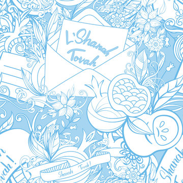 Rosh Hashanah (Jewish New Year) seamless pattern. Hand drawn elements apples, pomegranate greeting cards and flowers. Vector illustration blue background.