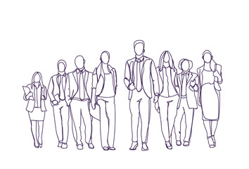 Businesspeople Group Hand Drawn Moving Forward Over White Background, Team Of Sketch Business People Vector Illustration