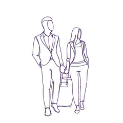 Business Man And Woman Walking With Suitcase Travel Together Sketch Silhouette Vector Illustration