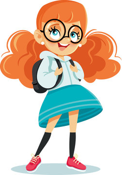 Cute School Girl with Backpack Vector Cartoon Stock Vector | Adobe Stock