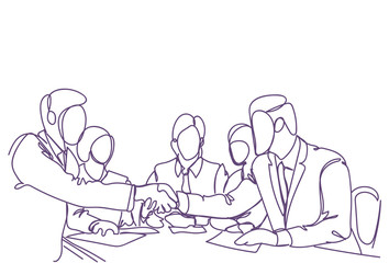 Handshake Concept Two Business Men Leaders Shaking Hands Doodle Silhouette Over Meeting Of Successful Teams Vector Illustration