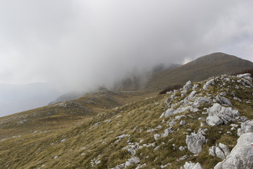 peak of mountain summit view in matese park and fog