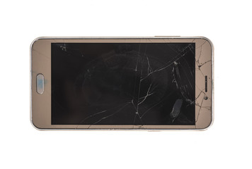 broken cell phone on white isolated background