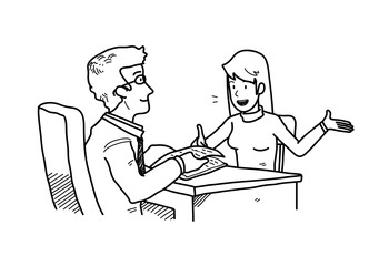 Job Interview Presentation, a hand drawn vector cartoon illustration of  a candidate introducing herself to the HRD
manager.