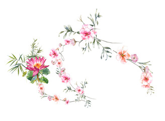 watercolor painting of leaves and flower, on white background