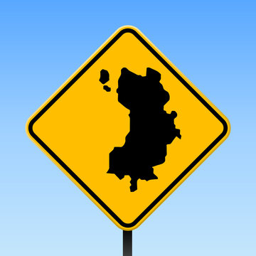 Ko Tao map on road sign. Square poster with Ko Tao island map on yellow rhomb road sign. Vector illustration.