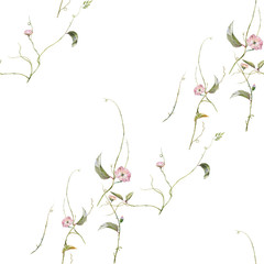 Watercolor painting of leaf and flowers, seamless pattern on white background