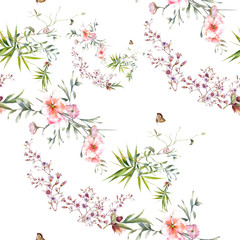 Watercolor painting of leaf and flowers, seamless pattern on white background