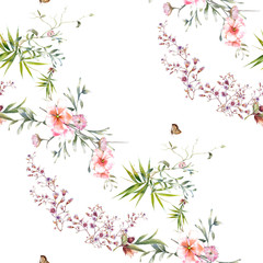 Watercolor painting of leaf and flowers, seamless pattern on white background