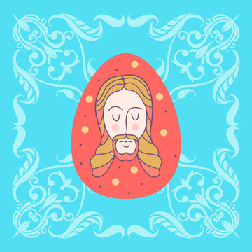 Christ is risen!  Easter vector illustration. Pascaline egg with the image of Jesus.